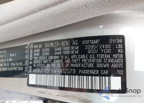 1998 Mercedes-Benz E 320 из США, поврежденный, VIN WDBJF65FXWA612579